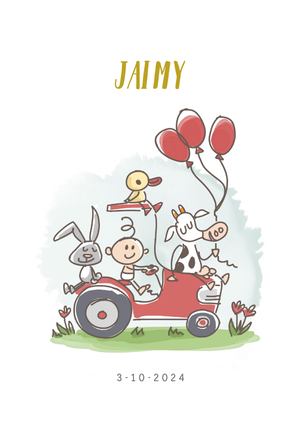 Geboortekaartjes - Geboortekaartje traktor met koe eend en konijn
