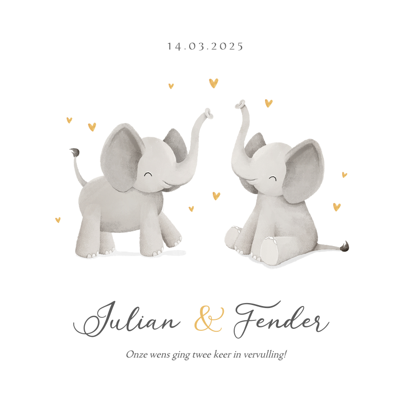 Geboortekaartjes - Geboortekaartje tweeling unisex olifantjes hartjes goud foto