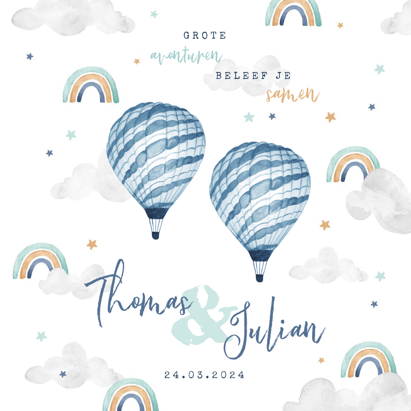 Geboortekaartjes - Geboortekaartje tweeling wolkje luchtballon regenboog jongen
