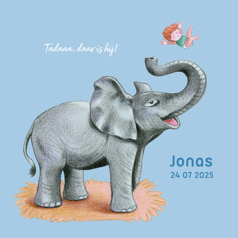 Geboortekaartjes - Geboortekaartje van vrolijke olifant met jongetje