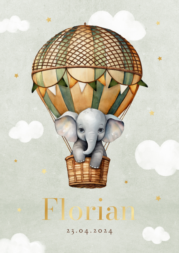 Geboortekaartjes - Geboortekaartje vintage luchtballon olifant wolkjes sterren