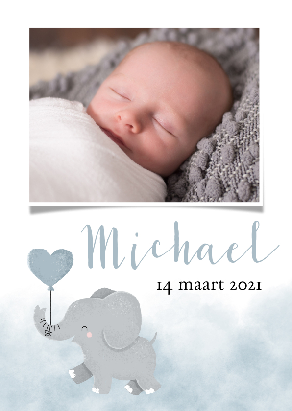 Geboortekaartjes - Geboortekaartje voor een jongen met olifantje en waterverf