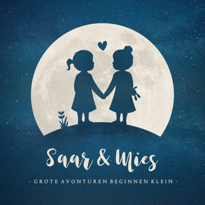 Geboortekaartjes - Geboortekaartje voor een meisjes tweeling silhouette in maan