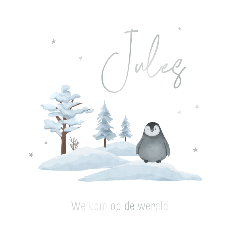 Geboortekaartjes - Geboortekaartje winter illustratie pinguïn sneeuw zilver