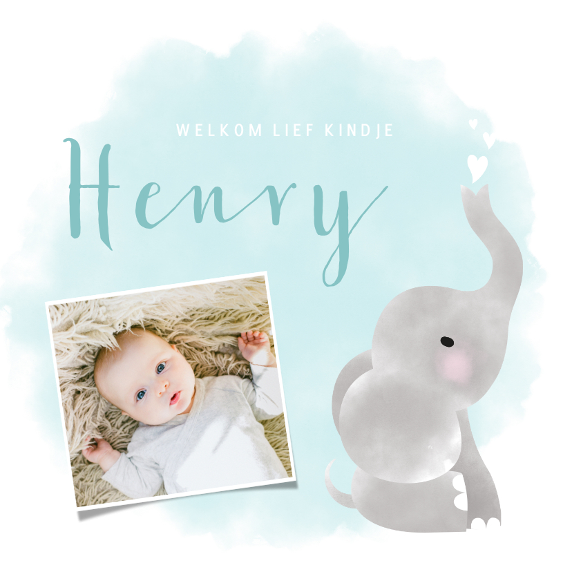 Geboortekaartjes - Lief geboortekaartje jongen met olifantje en waterverf