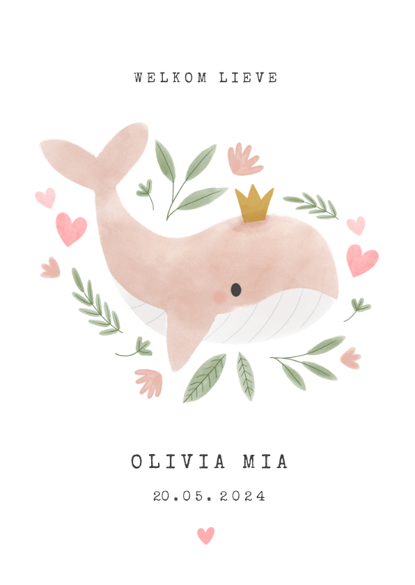 Geboortekaartjes - Lief geboortekaartje meisje met walvisje plantjes & hartjes