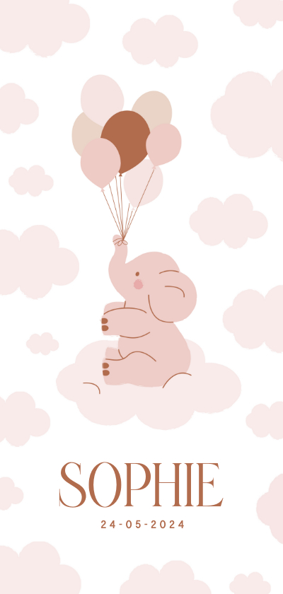 Geboortekaartjes - Lief geboortekaartje met olifantje en ballonnen wit roze