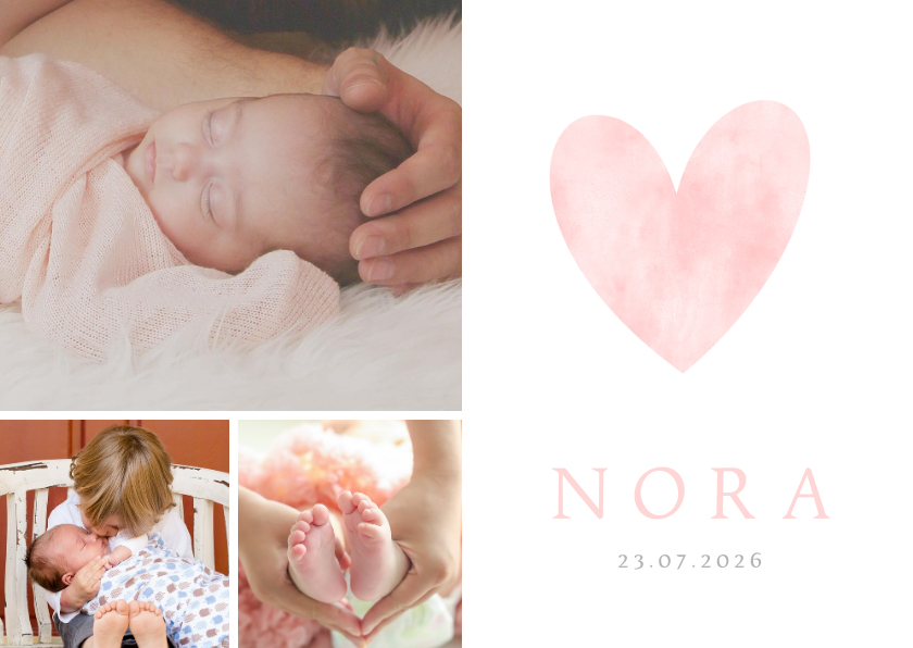 Geboortekaartjes - Lief geboortekaartje met roze waterverf hart en eigen foto's