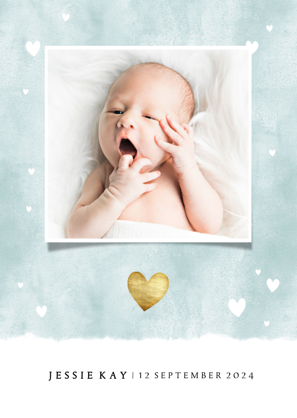 Geboortekaartjes - Lief geboortekaartje met waterverf en hartjes voor jongen