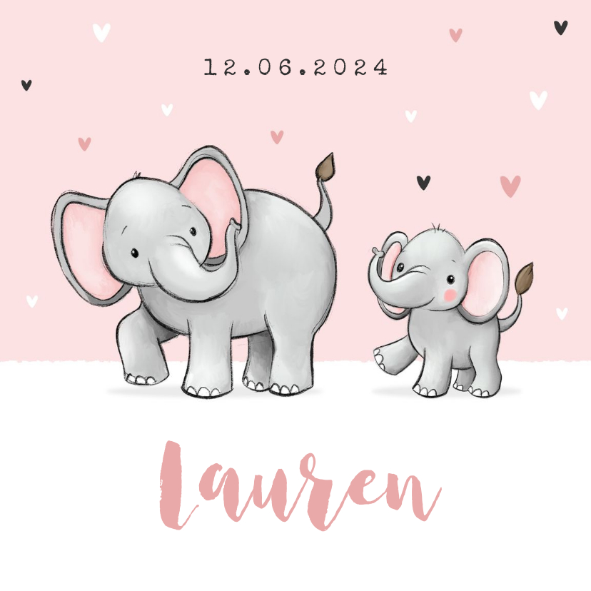 Geboortekaartjes - Lief geboortekaartje olifantjes meisje zusje hartjes roze