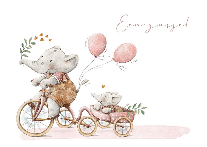 Geboortekaartjes - Lief geboortekaartje olifantjes zusjes samen op de fiets