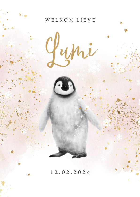 Geboortekaartjes - Lief geboortekaartje watercolor pinguïn goud sterren