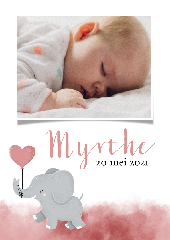 Geboortekaartjes - Lief geboortekeaartje met olifantje en roze waterverf