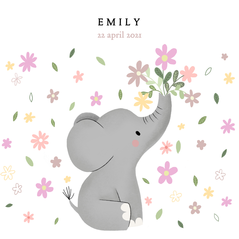 Geboortekaartjes - Lief olifantje en bloemetjes, geboortekaartje voor meisje