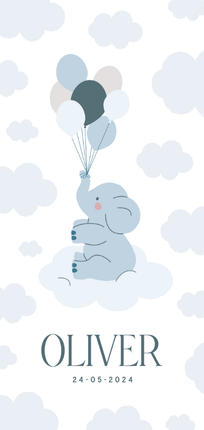 Geboortekaartjes - Lief wit geboortekaartje met blauw olifantje en ballonnen 