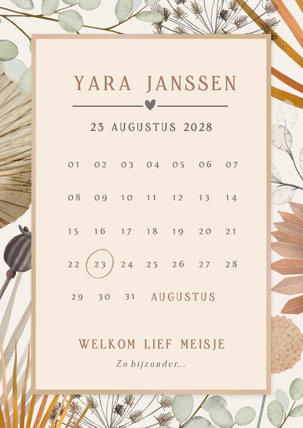 Geboortekaartjes - Origineel geboortekaartje met droogbloemen en kalender