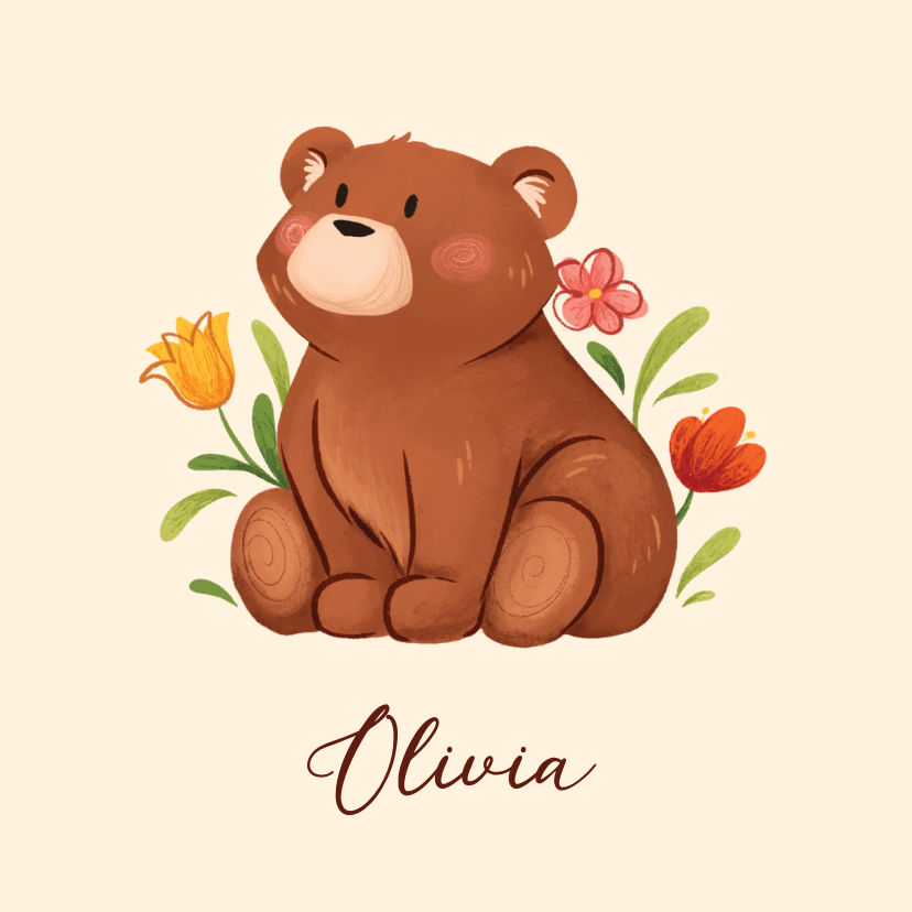 Geboortekaartjes - Schattig geboortekaartje met een beer en bloemetjes