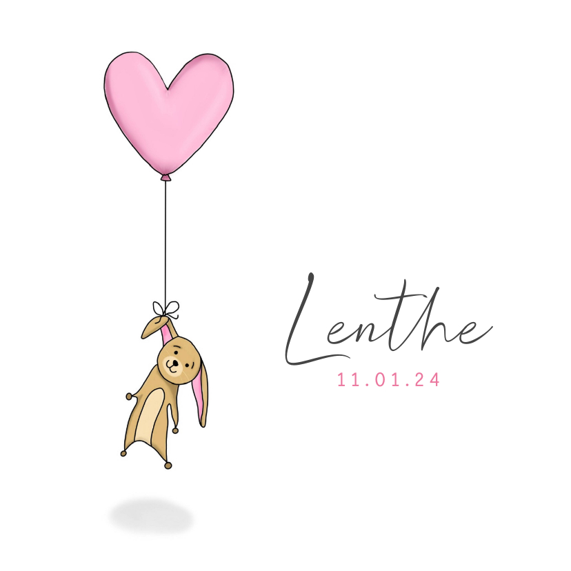 Geboortekaartjes - Schattig geboortekaartje voor meisjes met konijn aan ballon