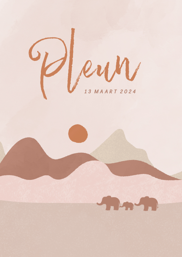 Geboortekaartjes - Trendy geboortekaartje met landschap met olifantjes roze