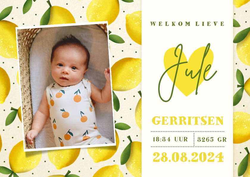 Geboortekaartjes - Zomers geboortekaartje met vrolijke citroenen en foto