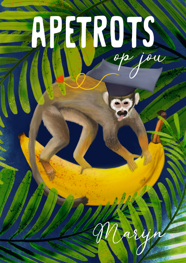 Geslaagd kaarten - Geslaagd kaart met aap op een banaan
