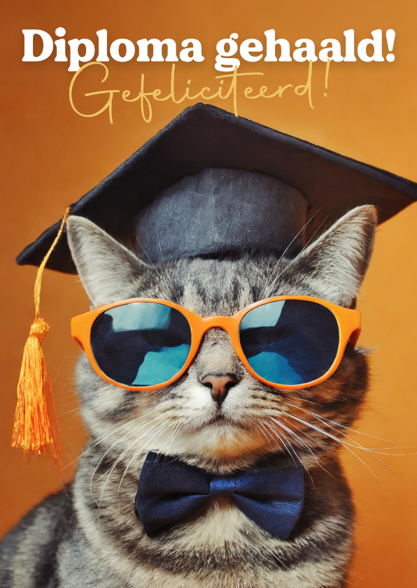 Geslaagd kaarten - Oranje kaartje diploma gehaald gefeliciteerd met kat