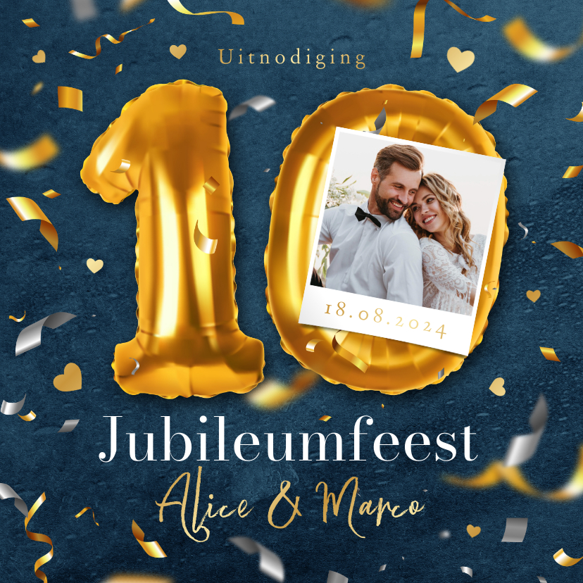 Jubileumkaarten - 10 jaar getrouwd uitnodiging jubileum ballonnen confetti