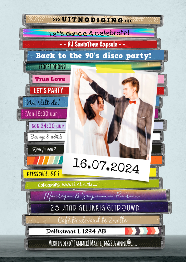 Jubileumkaarten - Back to the 90's uitnodigingskaart cd hoesjes disco feestje