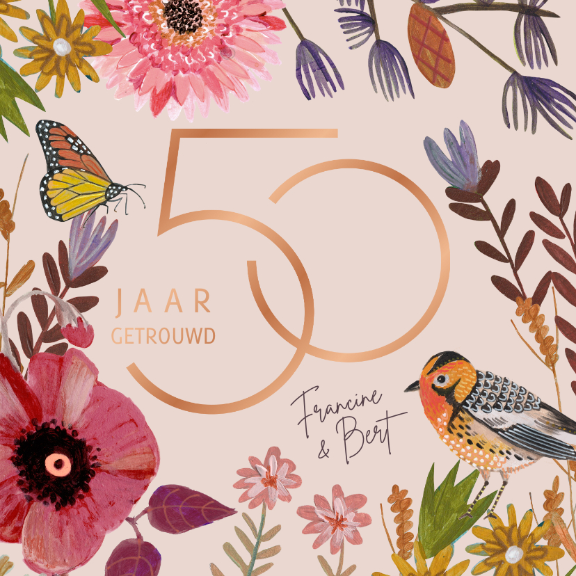 Jubileumkaarten - Huwelijks jubileum 50 jaar bloemen & vogel