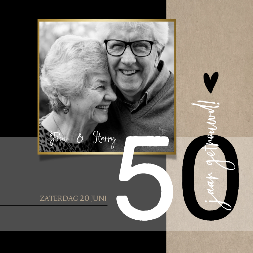 Jubileumkaarten - Jubileum 50 jaar getrouwd, zwart met craft papier look