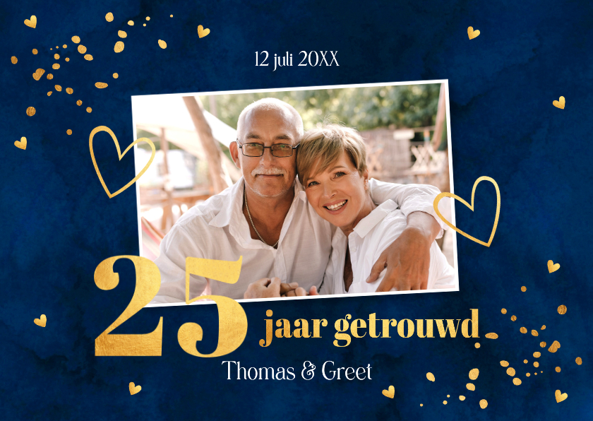Jubileumkaarten - Jubileum uitnodiging 25 jaar getrouwd blauw foto goudlook