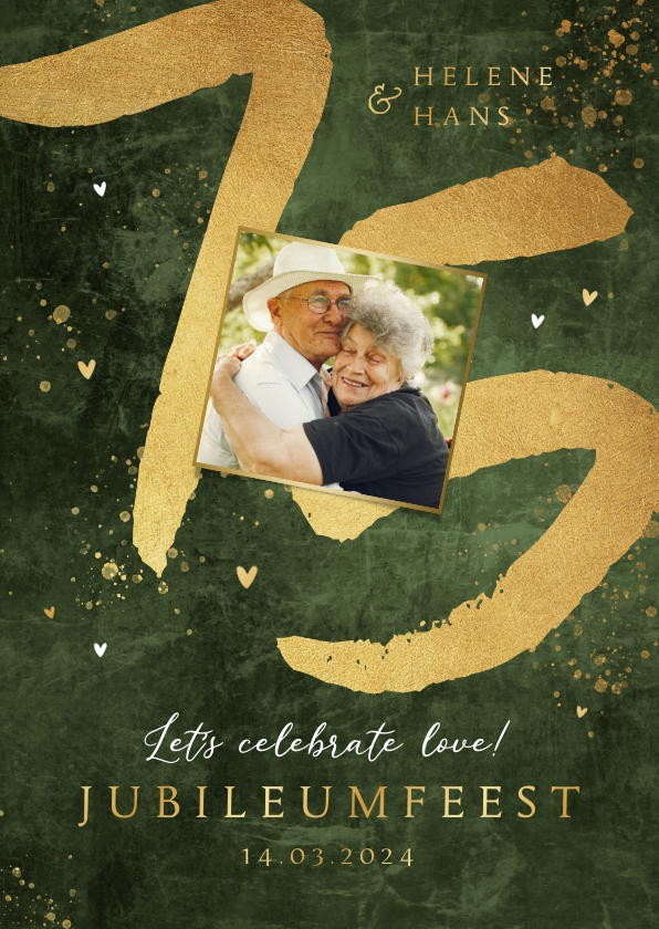 Jubileumkaarten - Jubileum uitnodiging75 jaar getrouwd goud groen cijfers