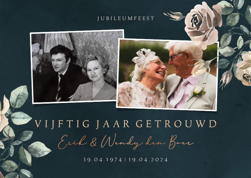 Jubileumkaarten - Jubileumkaart 50 jaar getrouwd fotocollage met bloemen