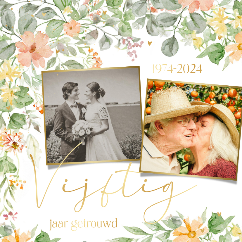 Jubileumkaarten - Jubileumkaart vijftig jaar getrouwd bloemenkader met foto's