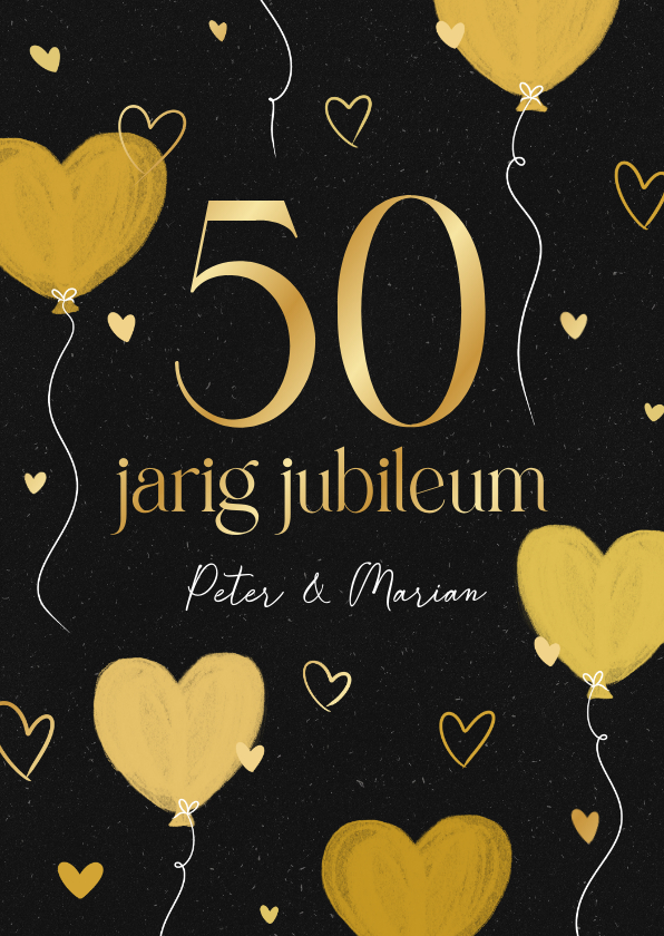 Jubileumkaarten - Jubileumkaart zwart met goud 50 jaar hartjes ballonnen