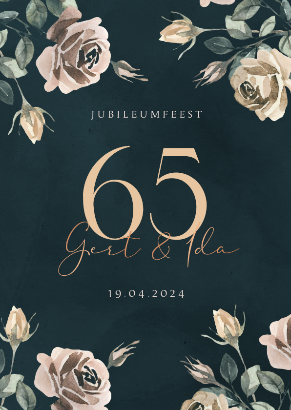 Jubileumkaarten - Klassieke jubileum uitnodiging 65 jaar getrouwd met bloemen