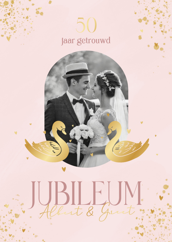 Jubileumkaarten - Klassieke roze jubileumkaart 50 met foto en gouden zwanen 