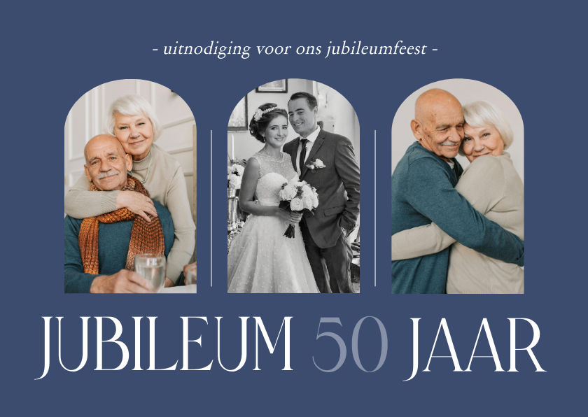 Jubileumkaarten - Stijlvolle fotocollage jubileumkaart donkerblauw