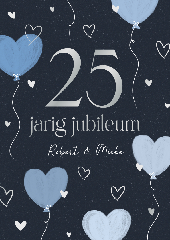 Jubileumkaarten - Stijlvolle jubileum uitnodiging met hartjes ballonnen blauw