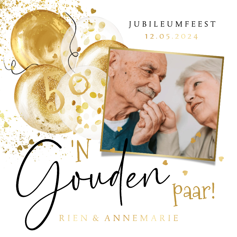 Jubileumkaarten - Trendy uitnodiging 50 jaar getrouwd gouden paar ballonnen