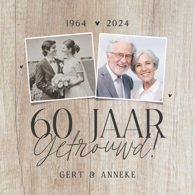 Jubileumkaarten - Uitnodiging jubileum 60 jaar getrouwd fotocollage licht hout