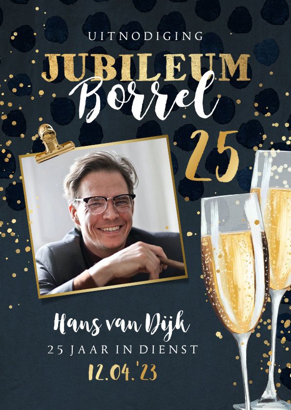 Jubileumkaarten - Uitnodiging jubileum borrel 25 jaar champagne goudfolie clip