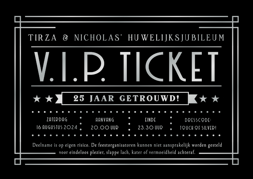 Jubileumkaarten - VIP ticket moderne uitnodiging zilveren huwelijksjubileum 