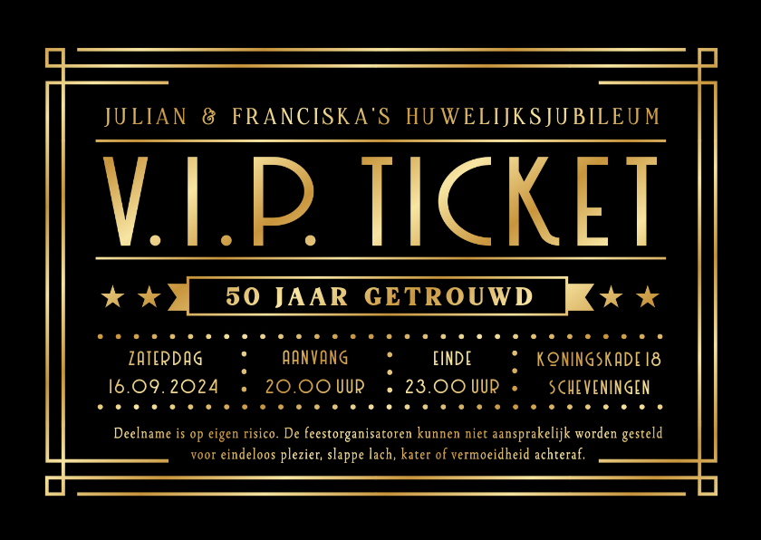 Jubileumkaarten - VIP ticket uitnodiging huwelijksjubileum met goudfolie druk