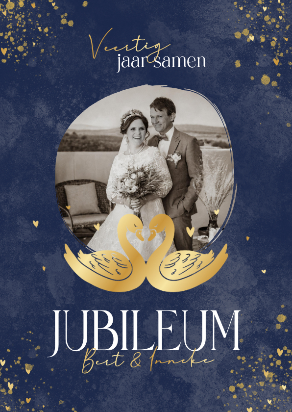 Jubileumkaarten - Waterverf blauwe 40 jubileum uitnodiging met gouden zwanen