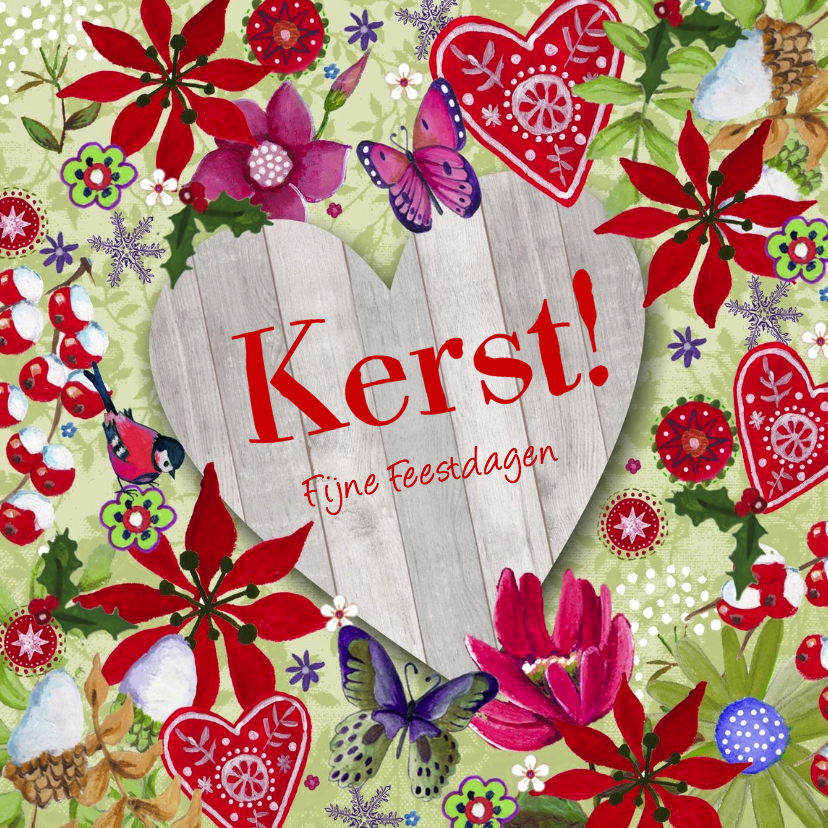 Kerst Hout Hart Vrolijk Bloemen Kerstkaarten Kaartje2go