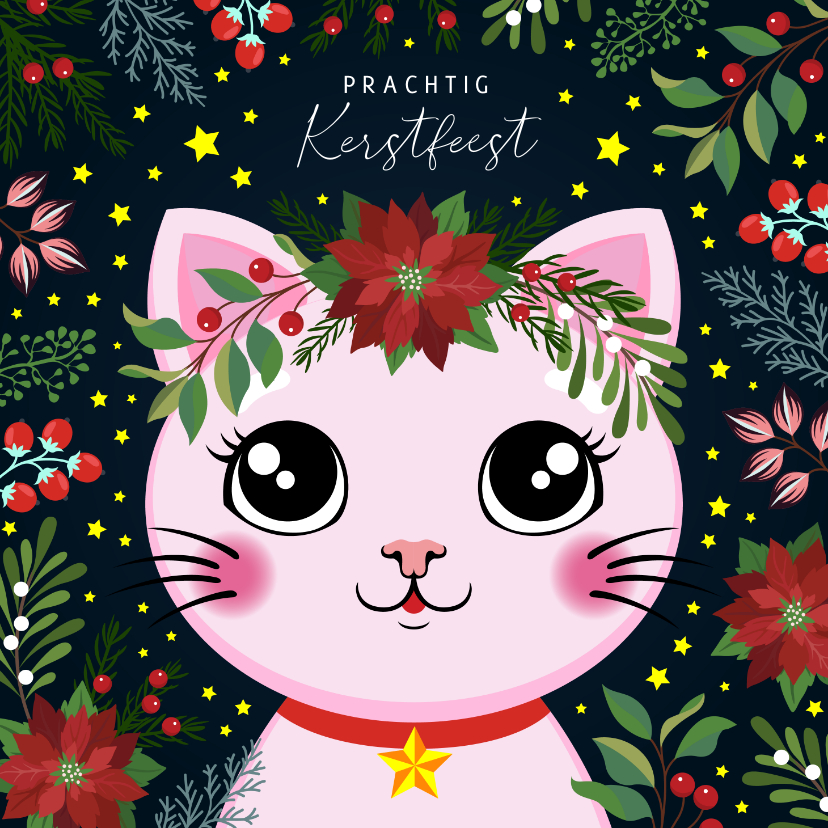 Kerstkaarten - Botanische kerstkaart met kat