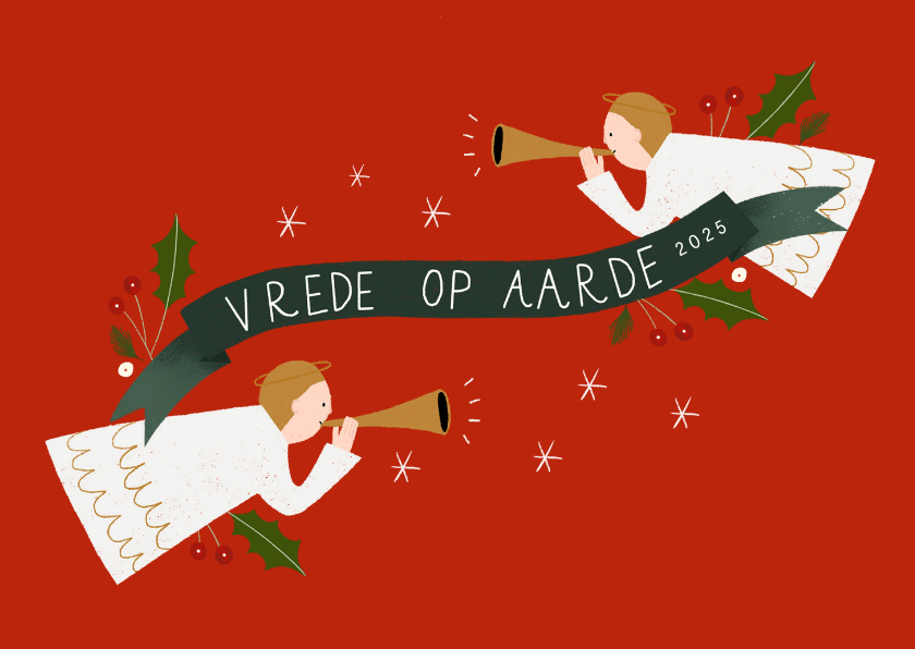 Kerstkaarten - Christelijke kerstkaart met engeltjes en banner 2025