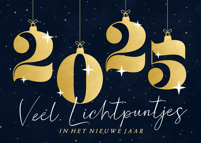 Kerstkaarten - Donkere kerstkaart met 2025 in kerstballen lichtpuntjes