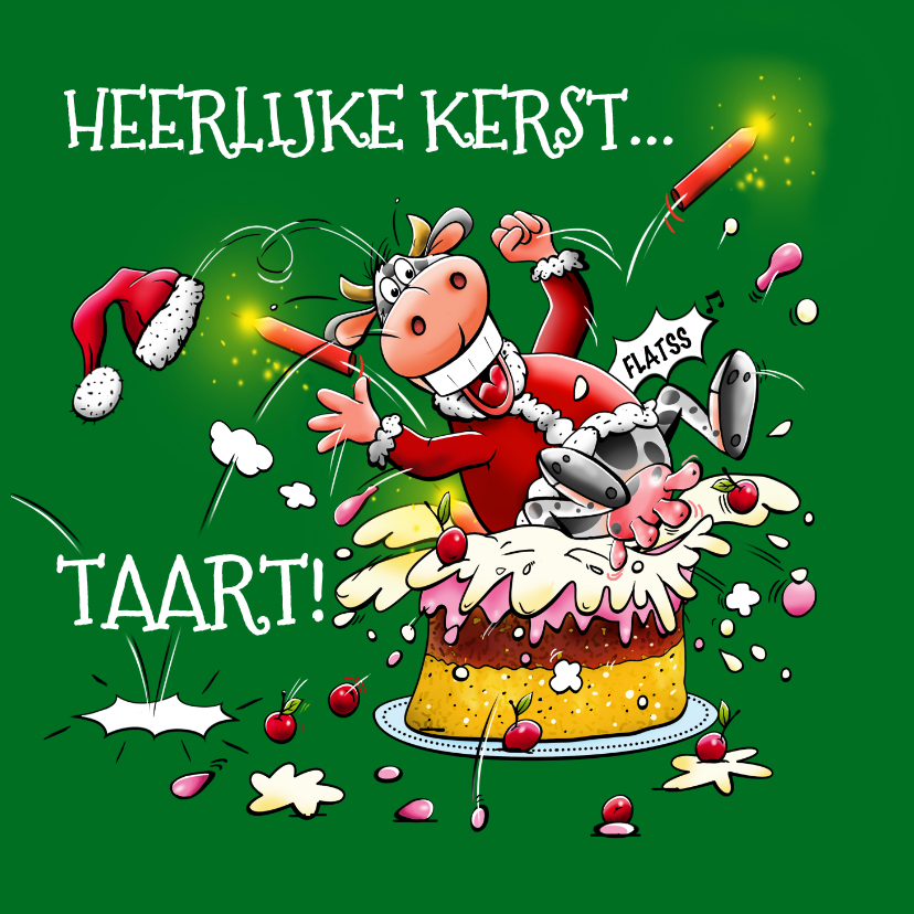 Kerstkaarten - Een loei-leuke kerstkaart met vliegende koe in kersttaart